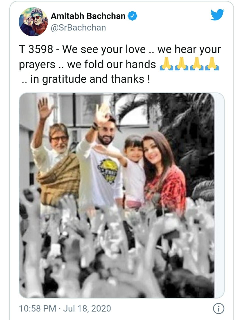 ಟ್ವಿಟ್ಟರ್ ನಲ್ಲಿ ಕುಟುಂಬದೊಂದಿಗಿನ ಫೋಟೋವೊಂದನ್ನು ಹಂಚಿಕೊಂಡ ಅಮಿತಾಬ್ ಬಚ್ಚನ್