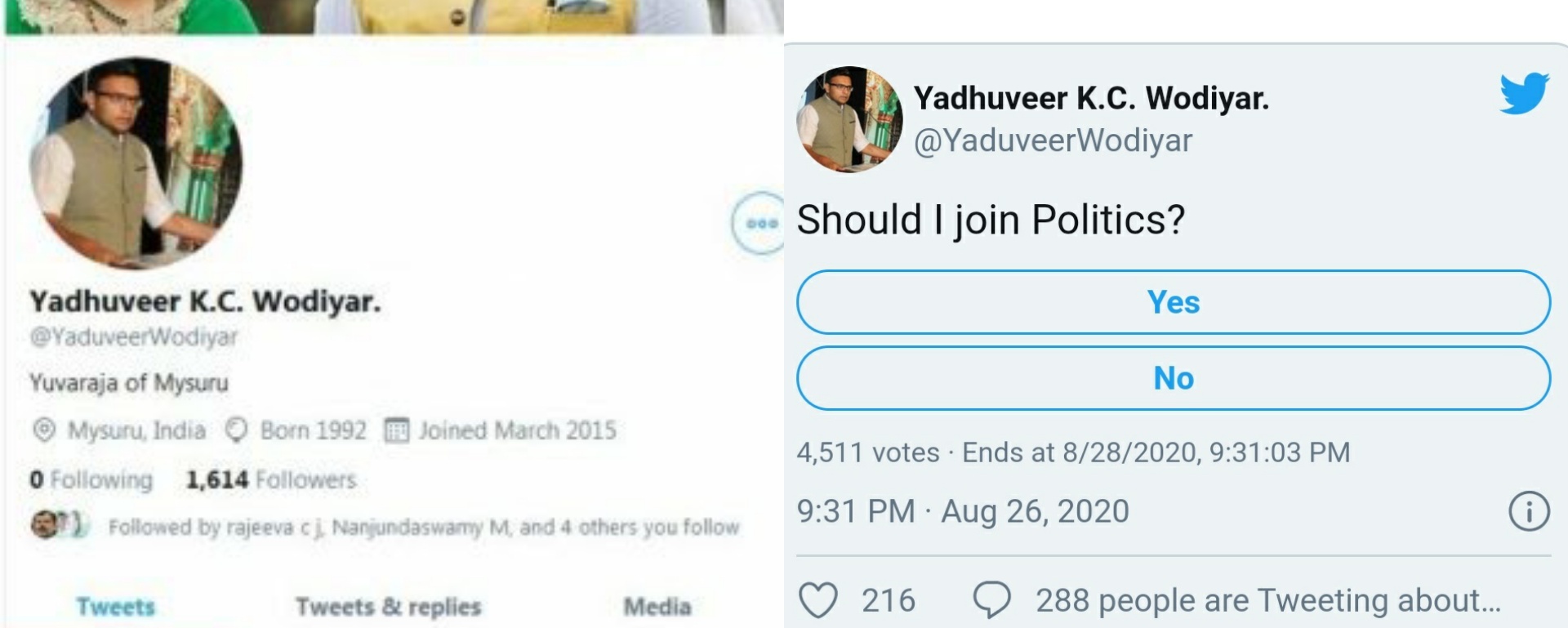 ನಕಲಿ ಖಾತೆಯಲ್ಲಿ ಒಡೆಯರ್‌ ರಾಜಕೀಯಕ್ಕೆ ಸೇರುವ ಬಗ್ಗೆ ಸಮೀಕ್ಷೆ