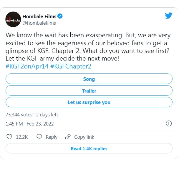 ‘KGF 2  ಆರ್ಮಿ’ ಗೆ ವೋಟ್ ಮಾಡಲು ಕೇಳಿ ಮೂರು ಆಕ್ಷನ್ ಕೊಟ್ಟ ಹೊಂಬಾಳೆ ಫಿಲಮ್ಸ್