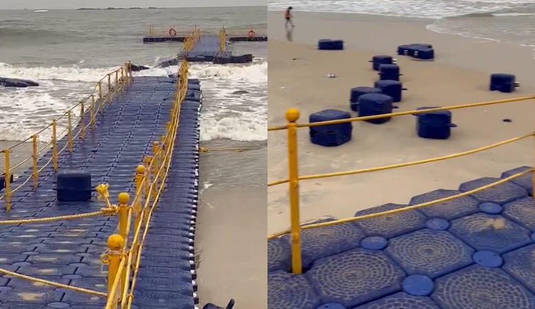 ಕಡಲ ಅಬ್ಬರ – ಮೂರೇ ದಿನಕ್ಕೆ ಸ್ಥಗಿತಗೊಂಡ ತೇಲುವ ಸೇತುವೆ….