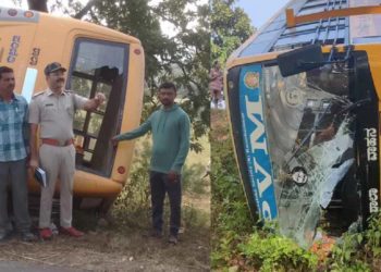 school bus -ಶಾಲಾ ಬಸ್​ ಪಲ್ಟಿಯಾಗಿ 60 ವರ್ಷದ ಮಹಿಳೆ ಸಾವು