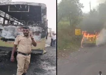ಬೆಂಕಿ ತಗುಲಿ ನಡು ರಸ್ತೆಯಲ್ಲಿಯೇ ಹೊತ್ತಿ ಉರಿದ ಬಸ್