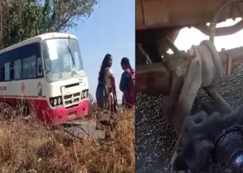 ಚಲಿಸುತ್ತಿದ್ದಾಗಲೇ ಏಕಾಏಕಿ ಕಳಚಿ ಬಿದ್ದ ಬಸ್ ನ ಚಕ್ರ!