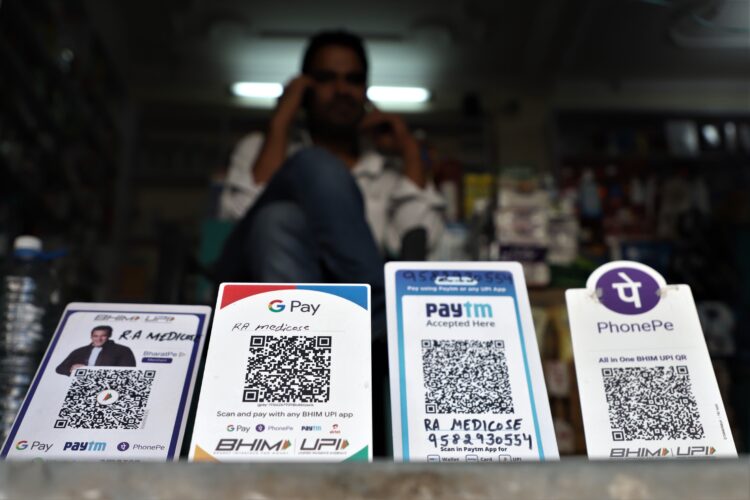 Paytm, PhonePe, Google Pay (Gpay) and Bhim UPI QR Codes (Standee) are Kept outside for Cashless payments at a medical store in Gurugram on the outskirts of New Delhi, India on 16 May 2020. (Photo by Nasir Kachroo/NurPhoto via Getty Images)