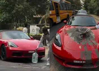 ಬೆಂಗಳೂರಿನ ರಸ್ತೆ ಗುಂಡಿ ಮುಚ್ಚಲು ಕೋಟ್ಯಂತರ ರೂಪಾಯಿ ಬೆಲೆಯ ಪೋರ್ಷೆ ಕಾರಿನ ಮೇಲೆ ಸಿಮೆಂಟ್ ಕಲಸಿದ ಉದ್ಯಮಿ: ಭಾರಿ ಚರ್ಚೆ ಹುಟ್ಟುಹಾಕಿದ ವಿಡಿಯೋ.