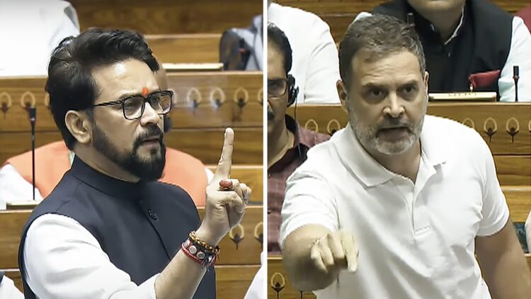 **EDS: COMBO IMAGE; VIDEO GRAB VIA SANSAD TV** New Delhi: In this combo of two pictures, Leader of Opposition in Lok Sabha and Congress MP Rahul Gandhi (R) and BJP MP Anurag Thakur in the House during the Monsoon session of Parliament, in New Delhi, Tuesday, July 30, 2024. (PTI Photo)(PTI07_30_2024_000319A)