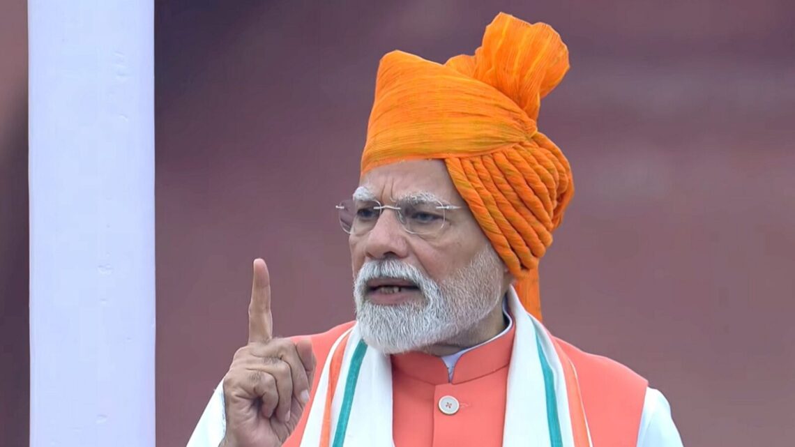 **EDS: THIRD PARTY IMAGE** In this screengrab via PMO website, Prime Minister Narendra Modi addresses the nation from the Red Fort on the occasion of the 79th Independence Day, in New Delhi, Friday, Aug. 15, 2025. (PMO via PTI Photo)(PTI08_15_2025_000017B)